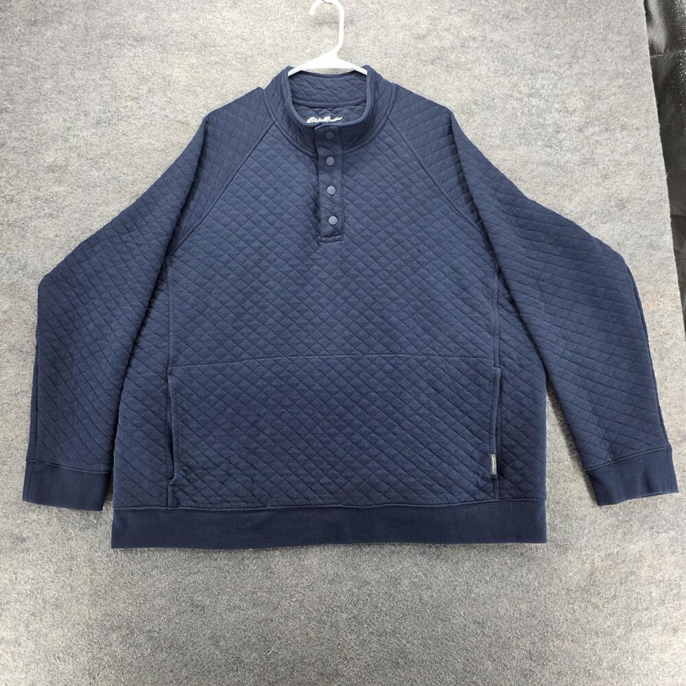 Eddie Bauer Sweatshirt Mens 2XL Navy Quilted Snap Henley Kangaroo Pocket Raglan